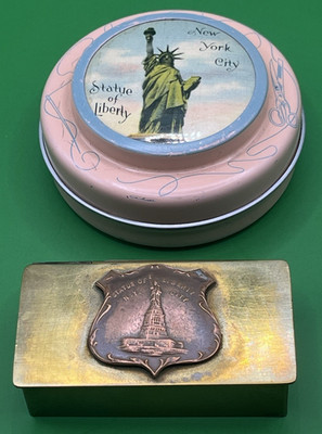Statue of Liberty Design, Sewing Tin & Brass/Copper Trinket Box, Vintage