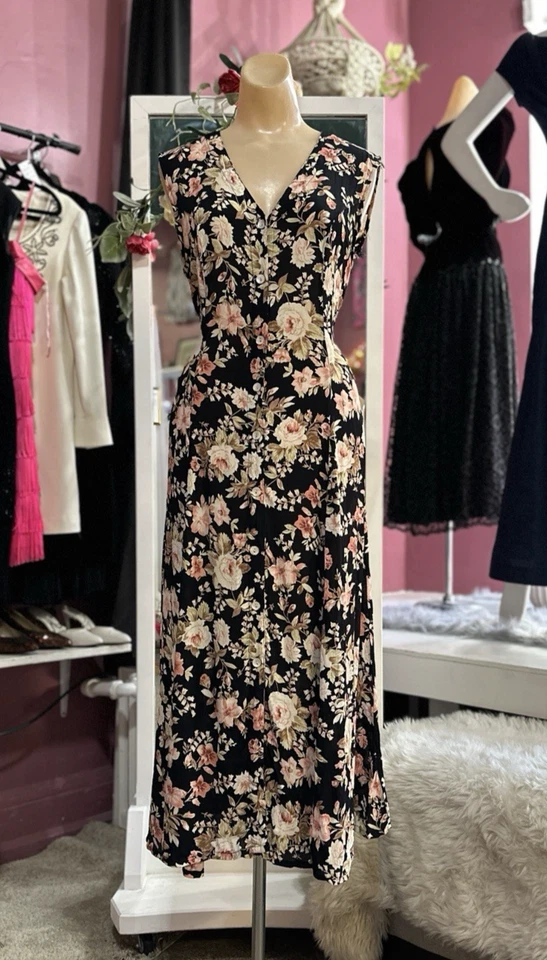 Vintage 90s Sheer Floral Print Maxi Dress Black Pink Sleeveless Grunge Preppy M - Image 2 of 4