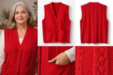 Red Heritage Knit Vest  Medium- Classic Button Front Sweater Vest with Pockets