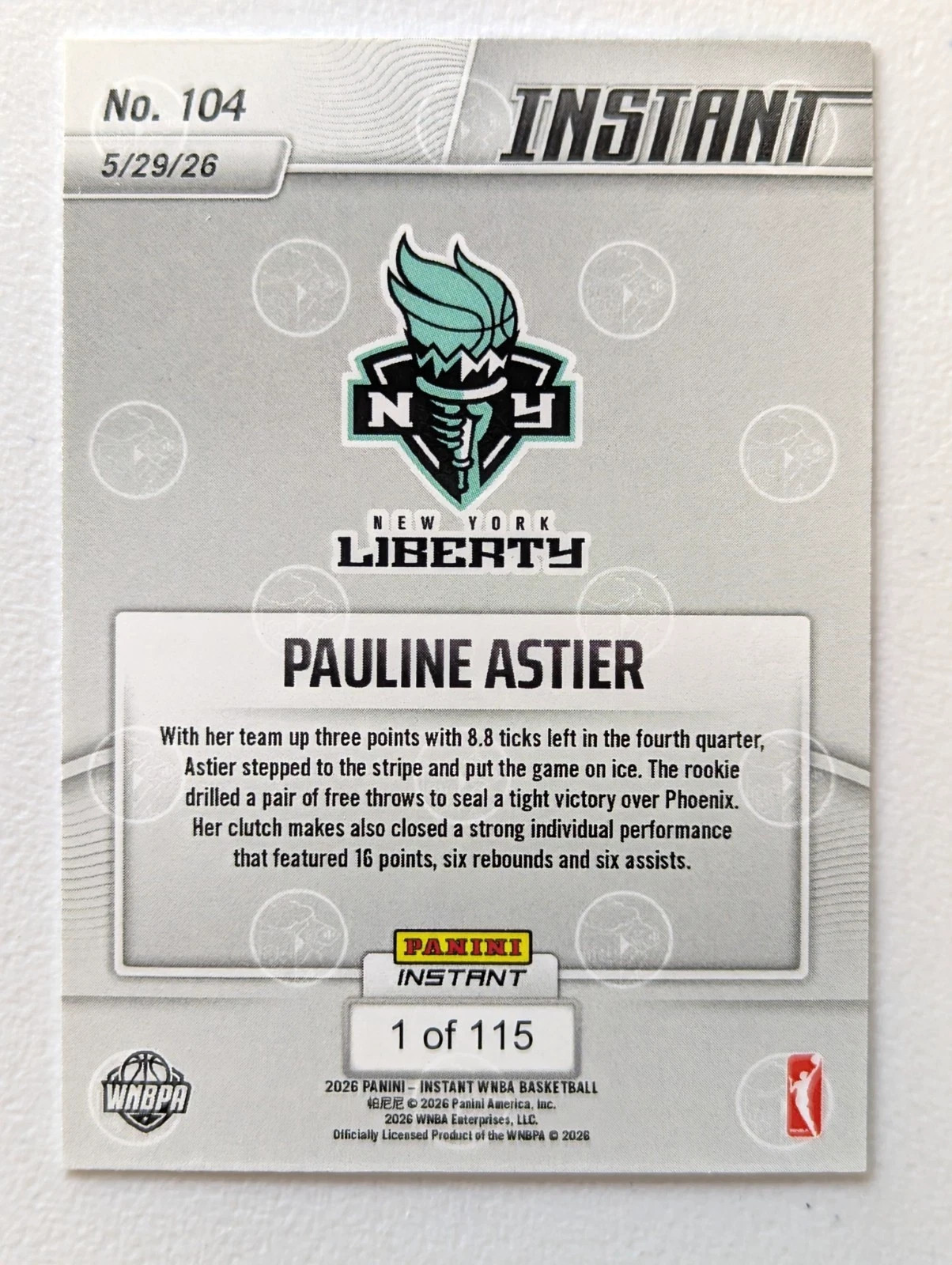 2026 Panini Instant WNBA Pauline Astier ROOKIE CARD 1/115 SP Liberty #104 RC view 2