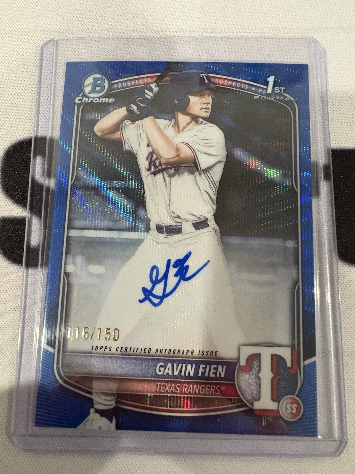 2025 Bowman Draft Gavin Fien Chrome Auto Blue Wave Refractor 1st #/150 Rangers
