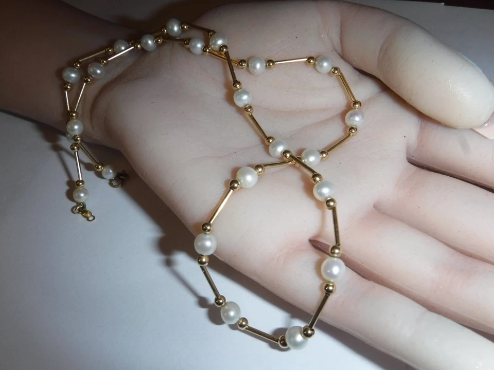 México 14 K (585) Oro Amarillo Perla Cultivada Tubular Barra Eslabón Collar 18" Foto 2 de 4