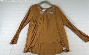 Knox Rose Women's Ochre Embroidered Lace Trim Boho Slub Knit Blouse Sz M