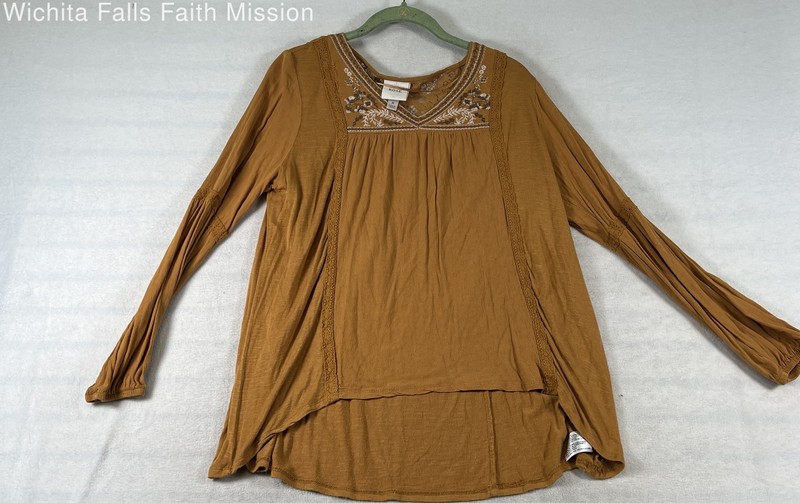 Knox Rose Women's Ochre Embroidered Lace Trim Boho Slub Knit Blouse Sz M