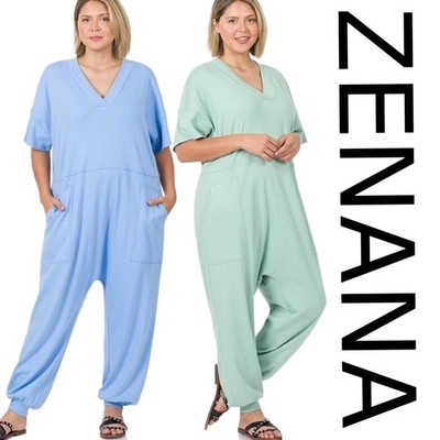 PLUS 1X-3X ZENANA Blue/Green HAREM POCKETS LOUNGE ROMPER JUMPSUIT/Pants  BHCS