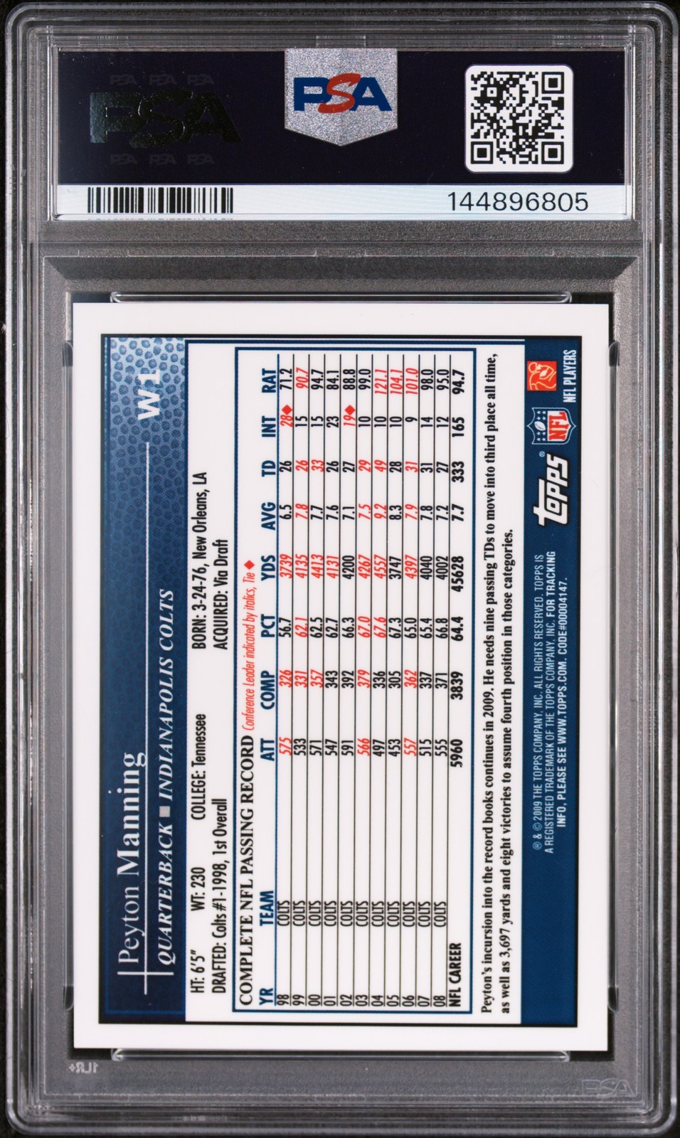 2009 TOPPS WAL-MART EXCLUSIVE FACTORY SET GOLD REFRACTOR PEYTON MANNING PSA 8 view 2