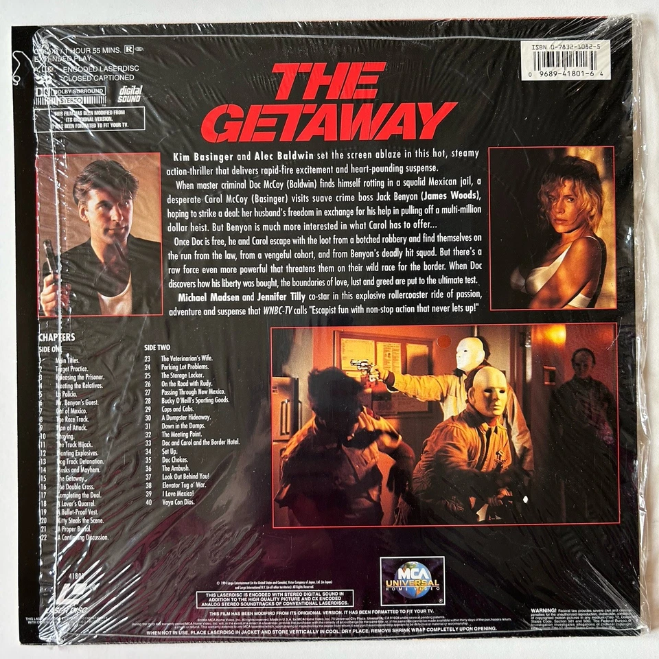 THE GETAWAY Laserdisc LETTERBOX EDISION - Alec Baldwin Kim Basinger (LIKE NEW) - Image 2 of 3
