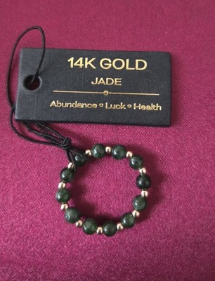 14K massive Goldperlen mit echten Jadeperlen im Stretchband Damenring