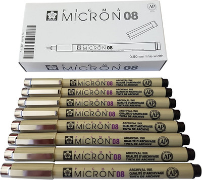 Pigma Micron Pen 08 Black Felt Tip Artist Drawing Pens - 8 Pen Set