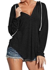 Deep V Neck Solid Pullover Hoodies Casual Lightweight Drawstring Loose Hooded...