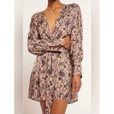 Joie Floral Print Wrap Mini Dress Natural Multi Tan Long Sleeve Fringe Tie NEW