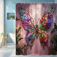 Stained glass butterfly shower curtain with artistic mosaic wing design