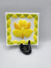 Retro Bordered Bright Daffodil Fused in White Glass Plate • Trinket Dish  5-3/4"