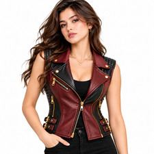 Women's Genuine Lambskin Leather Biker Vest Burgundy Black Motorcycle Waistcoat