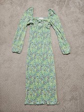 ASOS DESIGN Plisse Long Sleeve Midi Ditsy Floral Dress Green Size UK 8