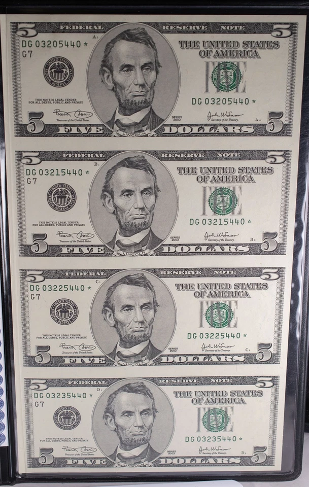 World Reserve 2003 $5 United States Currency Uncut Sheet 4 *Star* Notes UNC - Image 2 of 4