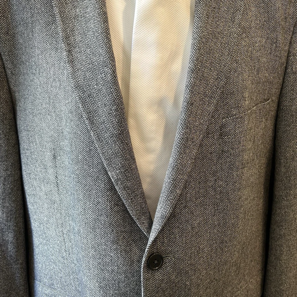 Adolfo Herringbone Sport Coat Blazer Men 46 R Black White Lambswool 2 Button - Image 4 of 4