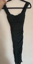 Dark Green Ruched Bodycon Midi Dress Sweetheart Neck Straps Party Cocktail Women