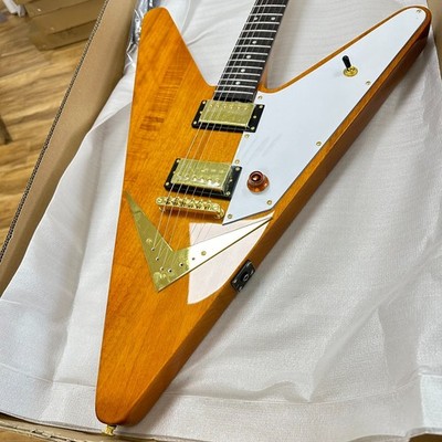 Flying V Style Electric Guitar Natural Amber Wood White Pickguard Gold Hardware
