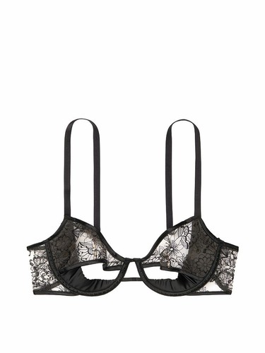 LUXE VICTORIA SECRET Floral Black Embroidered Peek A-Boo Push Up Bra Thong Set - Picture 5 of 9