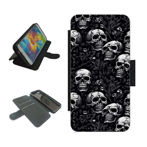 Skull pattern Phone Case wallet For iPhone for Samsung flip Cover black & white - Afbeelding 1 van 4