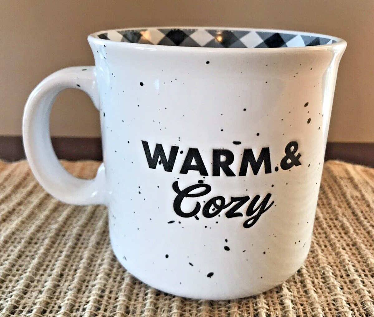 "Warm & Cozy" Stoneware Coffee Mug 16 Oz White, Buffalo Check Inside Fall  Winter