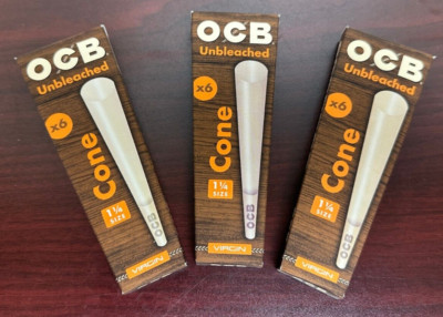 OCB VIRGIN Unbleached 1 1/4 6pk Cones -3 PACKS -18 Total Cones