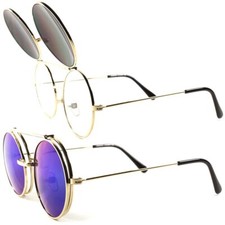 Gold Retro Revival Eccentric Steampunk Flip-Up Sun Glasses Green Mirrored Lens