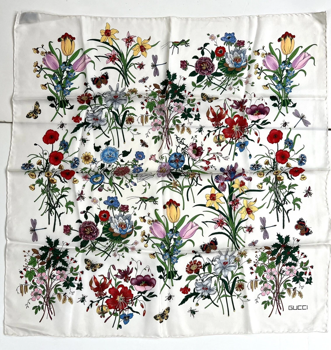 Vintage Gucci Flora 100 Silk Scarf V Accornero Designer Grace Kelly Flowers 60s