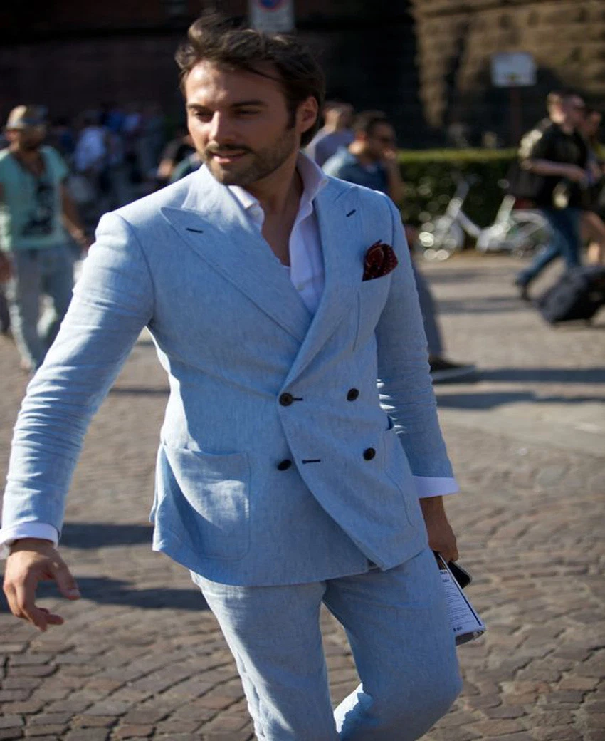 Light Blue Man Suit Double Breasted Groom Tuxedos Linen Wedding Suits  blazer | eBay