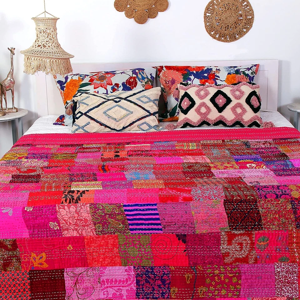 Vintage Silk Sari Patchwork Kantha Quilt Handmade Bedding - Image 2 of 4