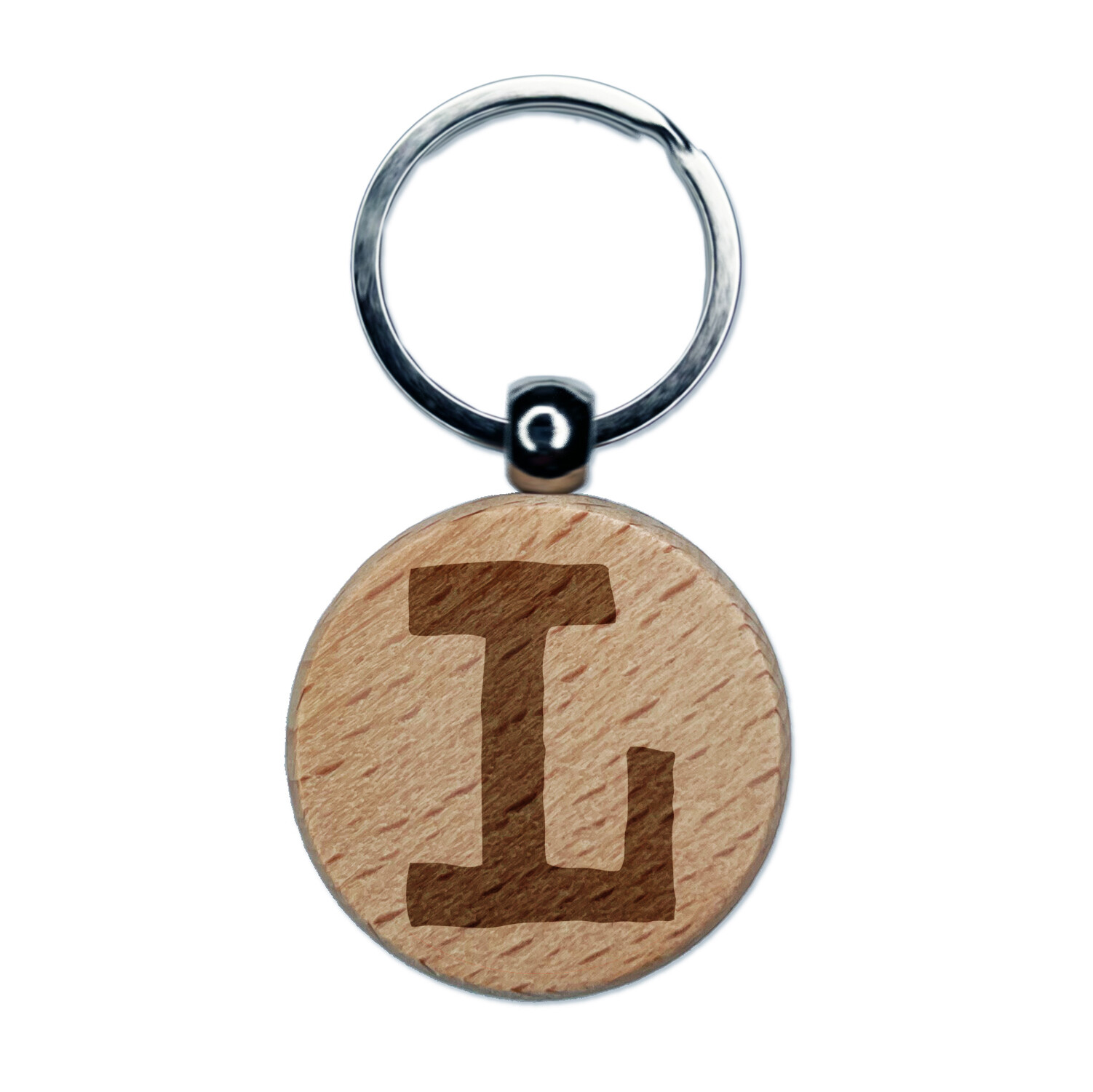 Letter L Uppercase Cute Typewriter Font Engraved Wood Round Keychain Tag Charm
