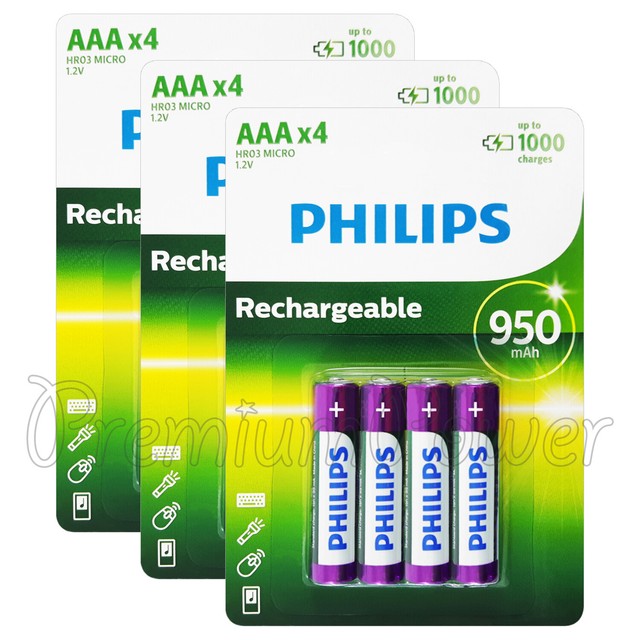 12 x Philips Rechargeable AAA 950 mAh batteries NiMh 1.2V HR03 Micro