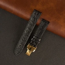 20mm Flat Black Leather Watch Band Crocodile Watch Strap Gold Deployment Buckle