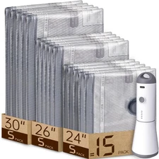 15 Pack Compression Bags, Travel Vacuum Storage, Rechargeable Pump, Grey