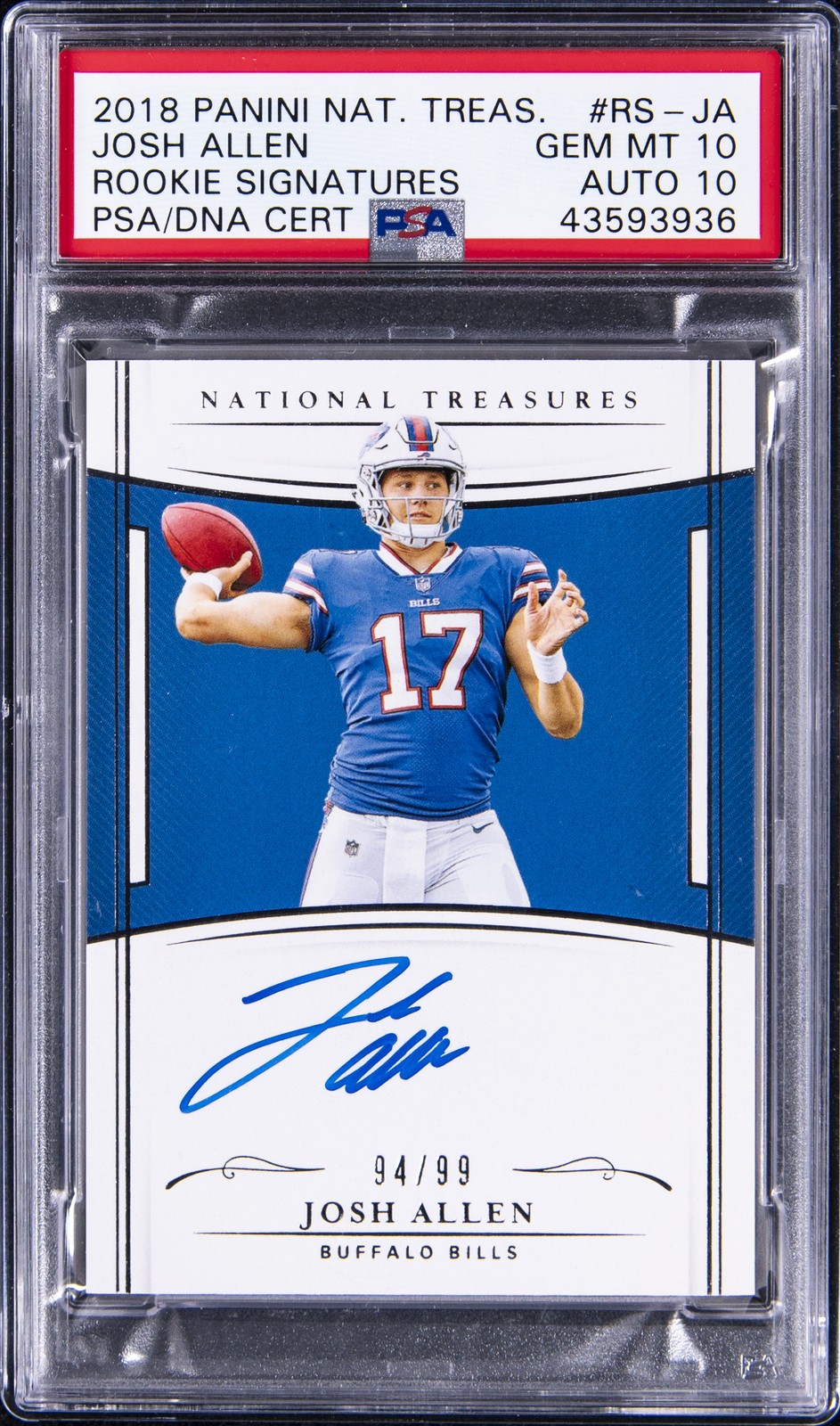 2018 NATIONAL TREASURES ROOKIE SIGNATURES #RS-JA JOSH ALLEN #/99 PSA 10 AUTO 10