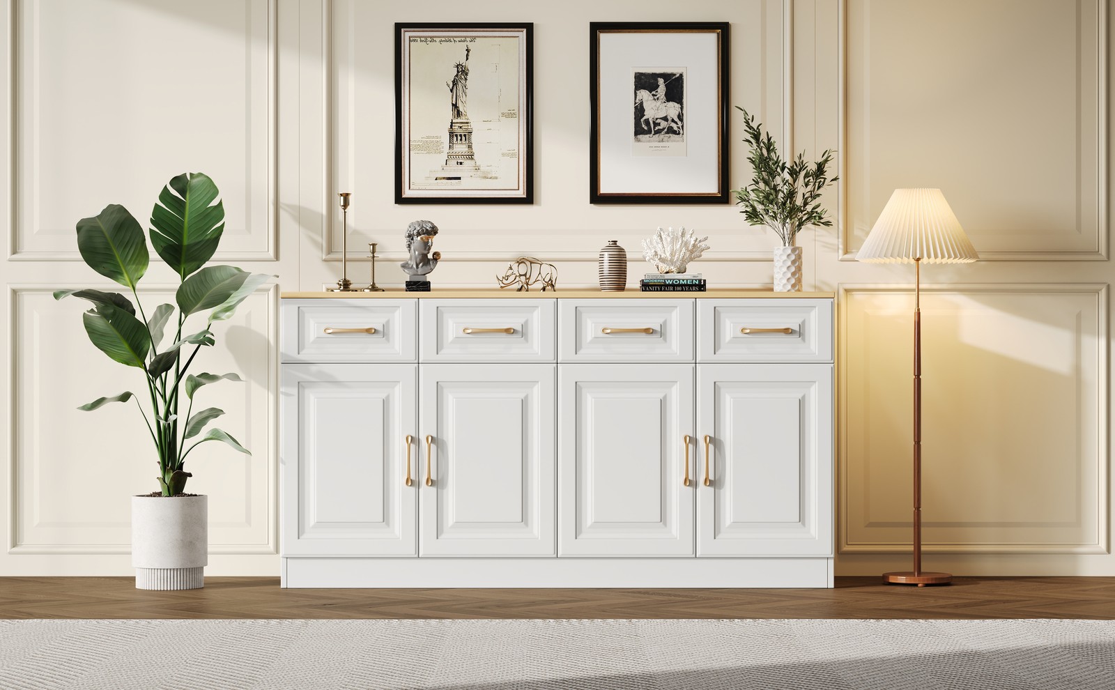 Buffet en bois blanc 140 cm style ferme avec finitions soignées en acier noir
