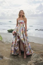 Mac Duggal 11991 Multicolor Strapless Floral High Low Bubble Hem Gown sz 10 NWOT
