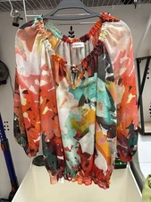 Calvin Klein Womens Petite Med Elastic Waist short sleeve floral sheer bouse