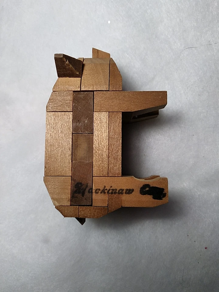 3 KUMIKI WOOD INTERLOCKING PUZZLES. 4”, VINTAGE Mackinaw Mi. Elephant, Pig, Ship - Image 2 of 4