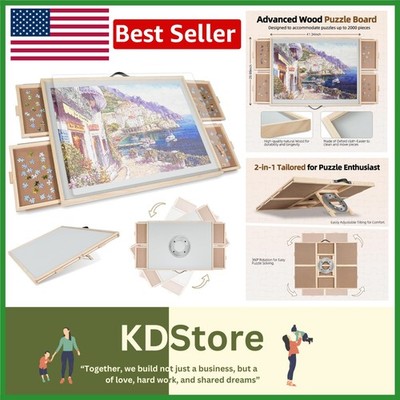 Large 2000-Piece 2-in-1 Tilting & Rotating Puzzle Table with Drawers, Portable