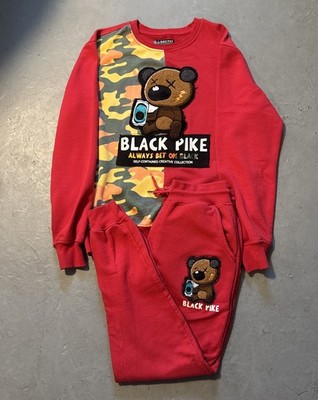 Black Pike Red Sweat Suit Set Men s Size Large With Teddy Bear  