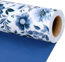 LaRibbons Reversible Blue Floral Wrapping Paper Roll, 17 Inch x 33 Feet (46.7 Sq