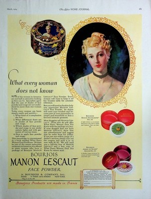 Original 1924 Vintage Health & Beauty Ad: Ft. BOURJOIS MANON LESCAUT FACE POWDER