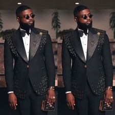 Luxury Appliques Men Suits 2 Pieces Wedding Tuxedo Formal Prom Party Modern Wear