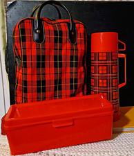 Vintage Aladdin Plaid Travel Lunch Snack Carrier Bag Box Thermos Set Unused NOS
