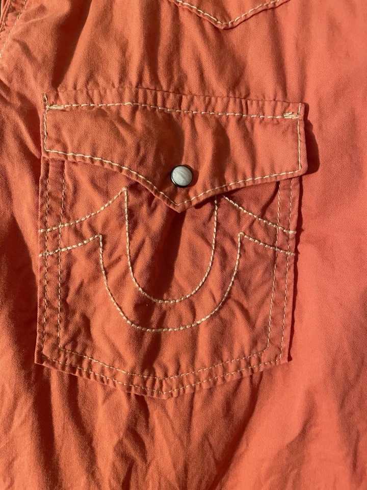 True Religion Men's Orange Denim Pearl Snap Western Shirt 3XL  Orange Stitch.Y2K - Image 2 of 4