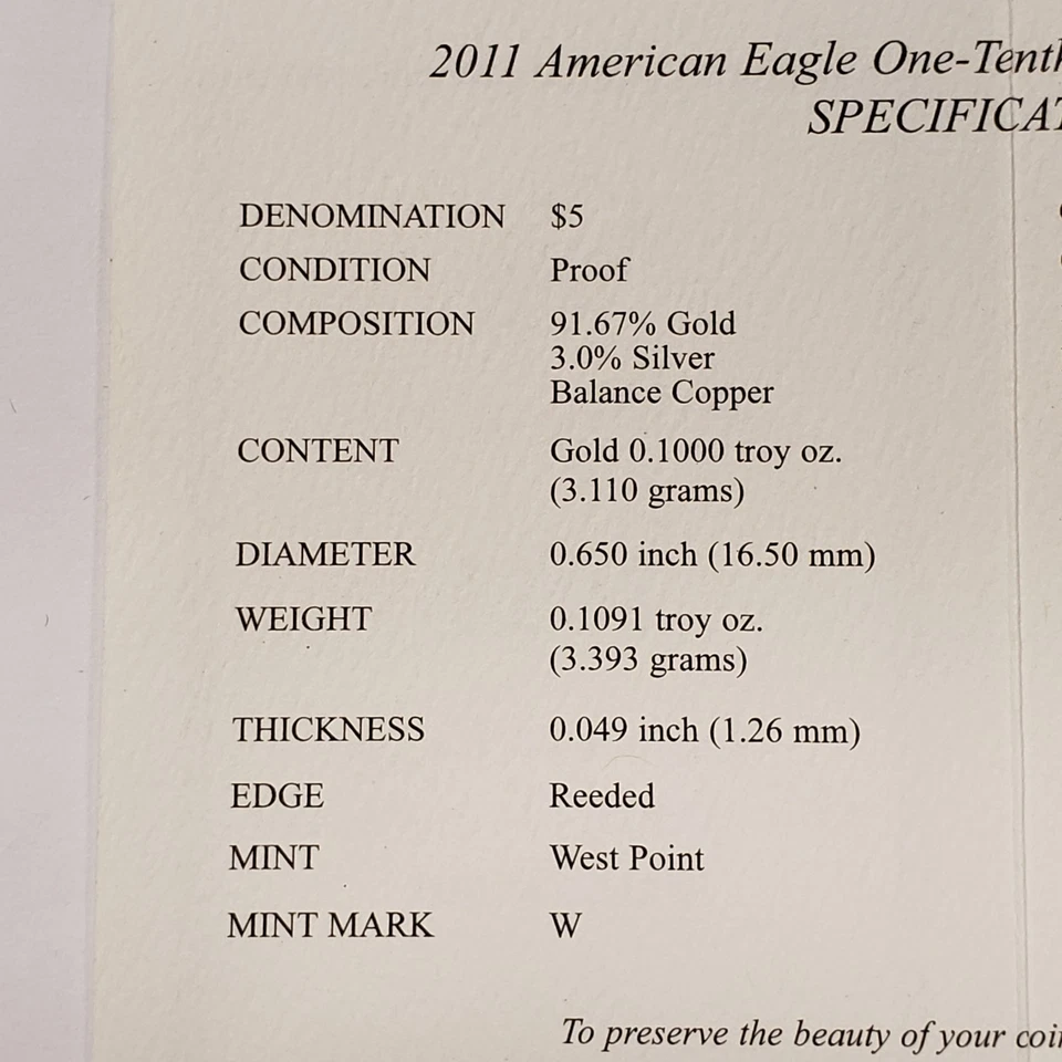 2011-W G$5 1/10 oz Gold American Eagle Proof - Certificado de autenticidade OMP - SKU-G5433 - ESTOQUE - Imagem 4 de 4