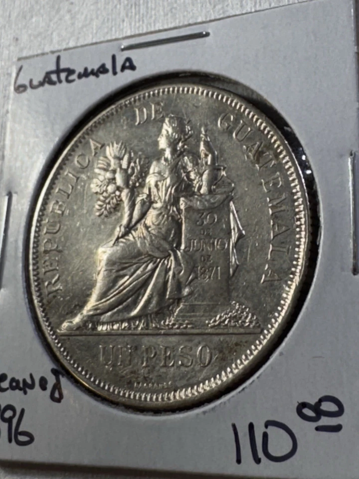 1896 Guatemala 1 Peso Large Silver Coin Cleaned - Image 3 of 4