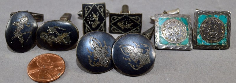 LOT 5 VINTAGE STERLING SILVER CUFFLINKS FOUR SIAM THAILAND & ONE MEXICO 41 GRAMS